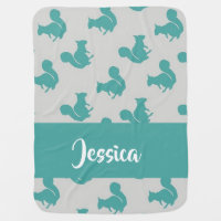 Blue squirrels on gray baby blanket