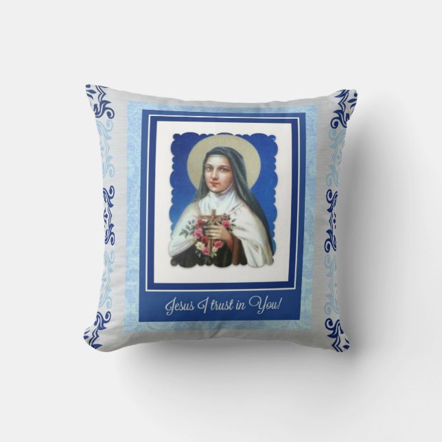 Blue St. Therese the Little Flower with quote Throw Pillow (Front)