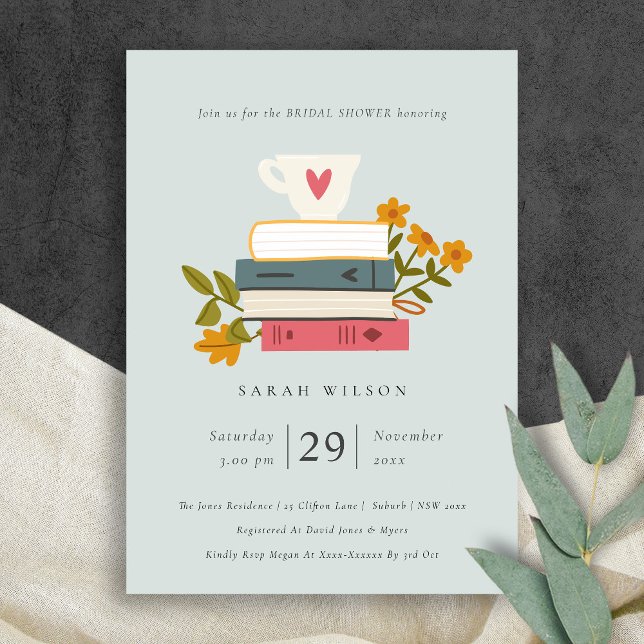Blue Stacked Books Floral Bridal Shower Invite (Creator Uploaded)