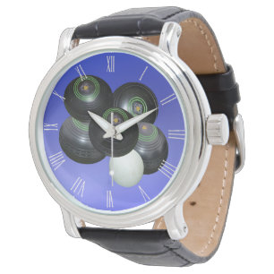 Blue Stacked Lawn Bowls, Mens Leather Wristwatch