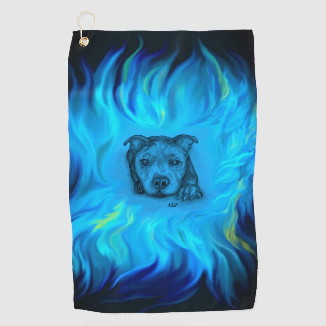 Blue Staffy Puppy Golf Towel (Front)