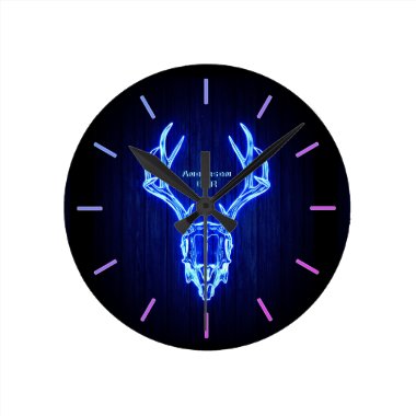 BLUE STAG SKULL Neon Light Style Personalized Wall Round Clock