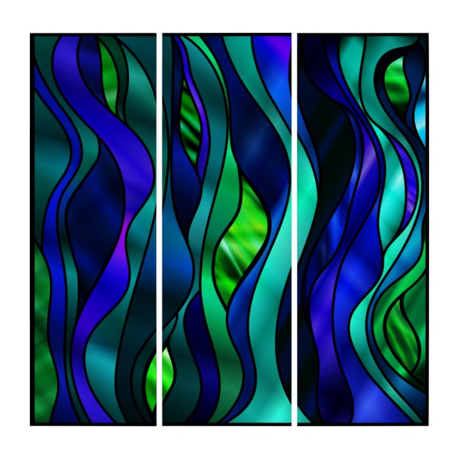 Blue Stained Glass Abstract Triptych (Front)