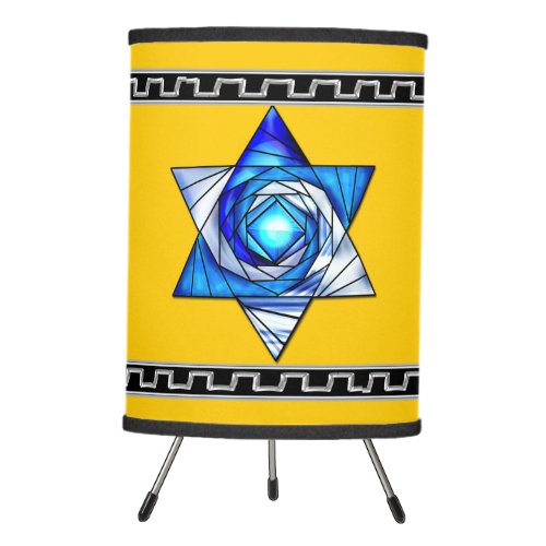 Blue Stained Glass Art Deco Magen David on Yellow Tripod Lamp