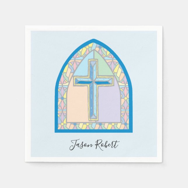 Blue Stained Glass Cross First Communion Napkins (Front)