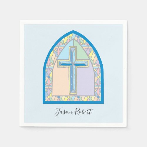 Blue Stained Glass Cross First Communion Napkins