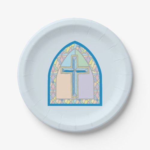 Blue Stained Glass First Communion Paper Plates