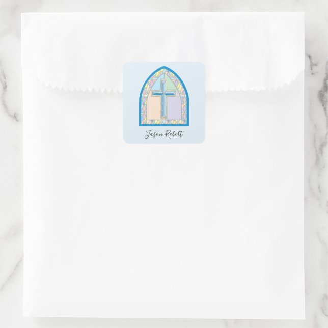 Blue Stained Glass First Communion Square Sticker (Bag)
