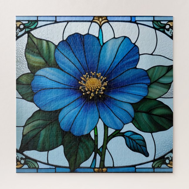 🔷 Blue Stained Glass Floral Design  Jigsaw Puzzle (Vertical)
