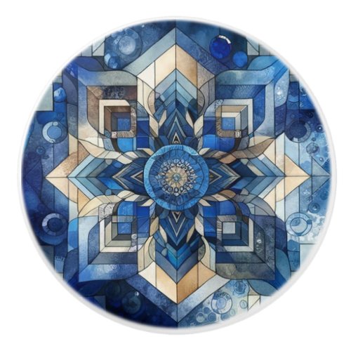 Blue Stained Glass Flower Geometric Watercolor Ceramic Knob