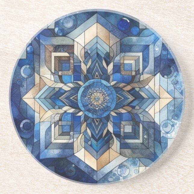 Blue Stained Glass Flower Geometric Watercolor Coaster (Front)