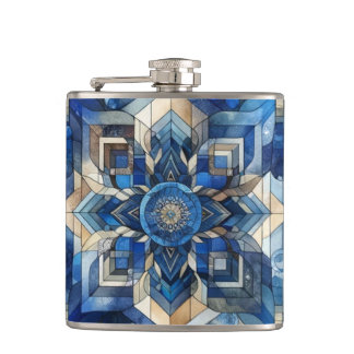 Blue Stained Glass Flower Geometric Watercolor Flask