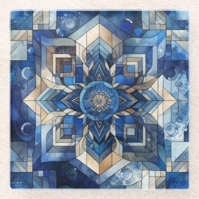 Blue Stained Glass Flower Geometric Watercolor Glass Coaster (Front)