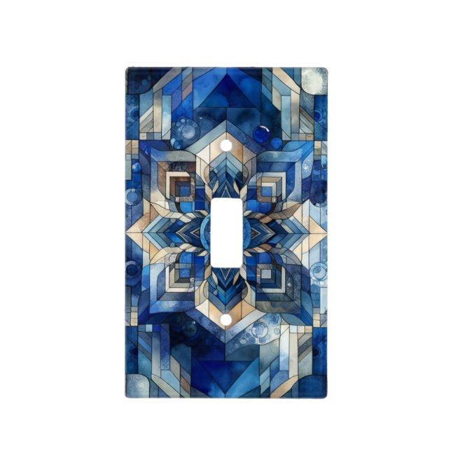 Blue Stained Glass Flower Geometric Watercolor Light Switch Cover (Front)