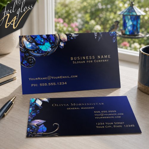 Blue Stained Glass Foliage Elegance Foil Spot Gloss Business Cards