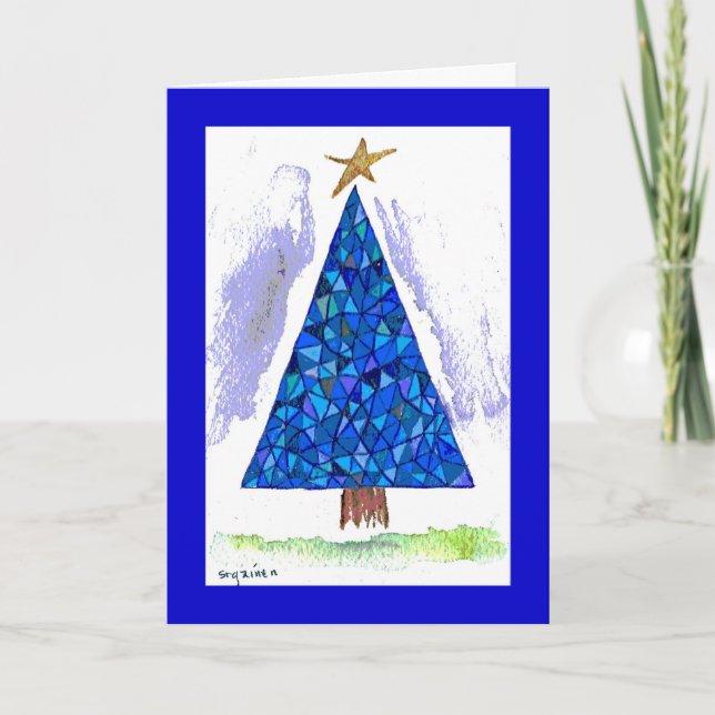 Blue Stained Glass Holiday Tree Card (Front)