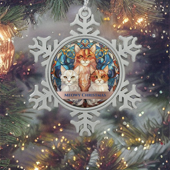 Blue Stained Glass Look Meowy Christmas Cats  Snowflake Pewter Christmas Ornament (Creator Uploaded)