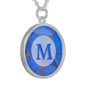 Blue Stained Glass Mosaic with Monogram Sterling Silver Necklace