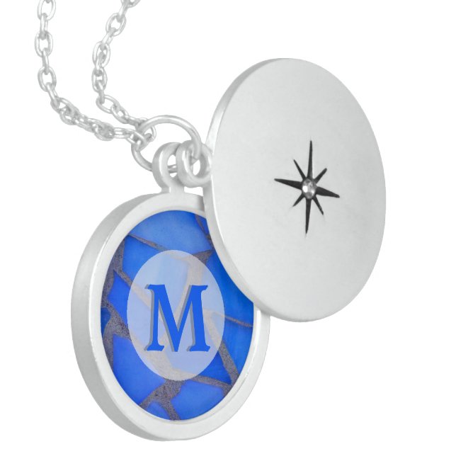Blue Stained Glass Mosaic with Monogram Sterling Silver Necklace (Front Left)