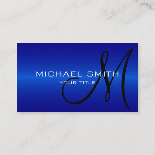 Blue Stainless Steel Metal Monogram Business Card (Front)