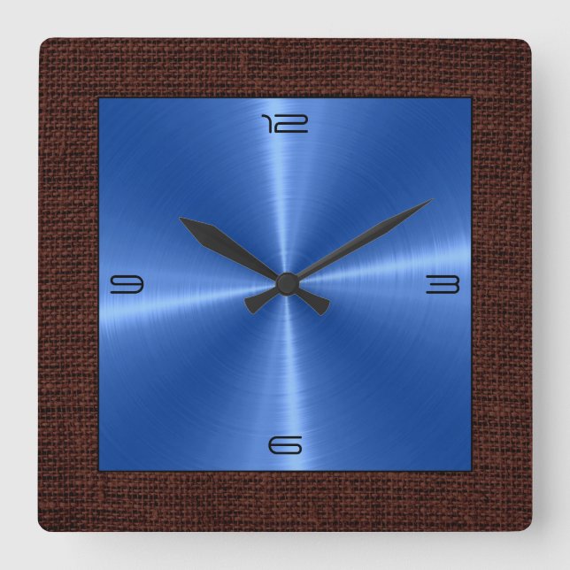 Blue Stainless Steel Modern Burlap Border Square Wall Clock (Front)