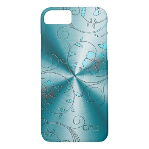 Blue Stainless Steel With Embossed Retro Flowers iPhone 87 Case