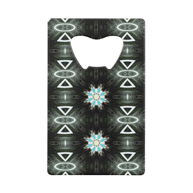 blue star-burst geometric black credit card bottle opener (Front)