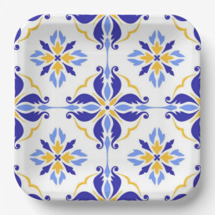 Blue Star Elegant Floral Mosaic Mediterranean Paper Plates