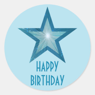 Blue Star 'Happy Birthday' round pale blue Classic Round Sticker