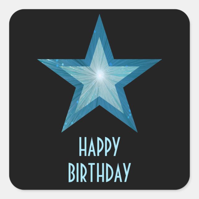 Blue Star 'Happy Birthday' square sticker black (Front)