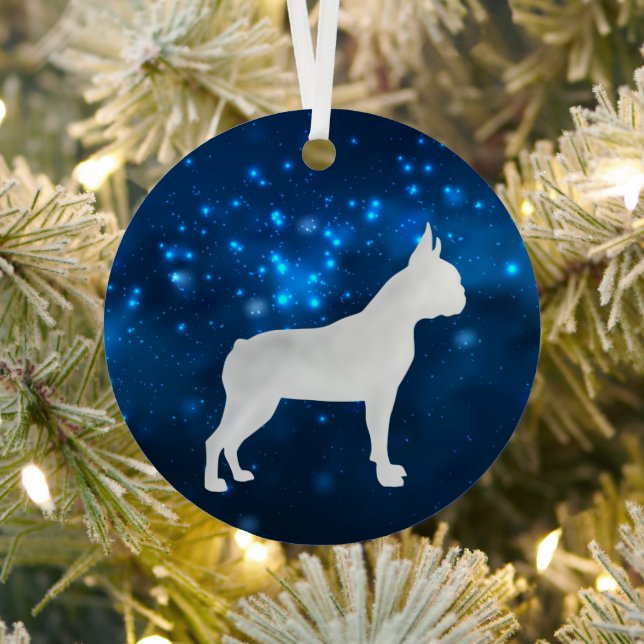 Blue Star Lights Boston Terrier Dog Christmas Metal Ornament (Insitu)