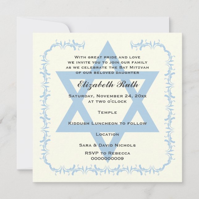 Blue Star of David damask Bat Mitzvah invitation (Front)