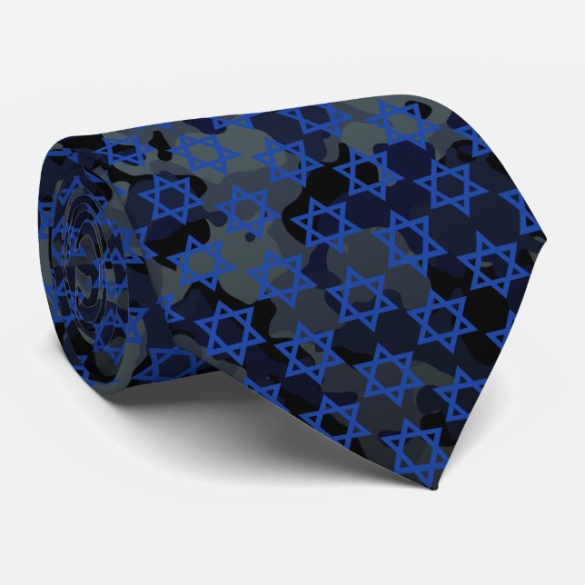 Blue Star Of David Dark Camo Camouflage Neck Tie (Rolled)