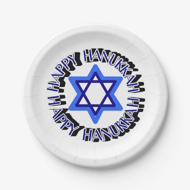 Blue Star of David Happy Hanukkah Chanukkah Jewish Paper Plates (Front)