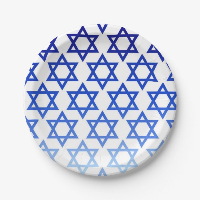 Blue Star of David Happy Hanukkah Jewish Holiday Paper Plates (Front)