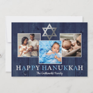 Blue Star of David Happy Hanukkah Photo Collage Holiday Card