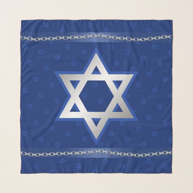 Blue Star of David Navy Blue Satin Ribbon Head Scarf (Front)
