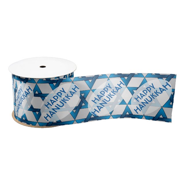 Blue Star of David Pattern / Happy Hanukkah Satin Ribbon (Spool)