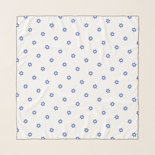 Blue Star of David Pattern White Head Scarf (Front)