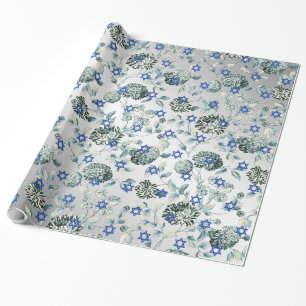 Blue Star Of David Silver Green Floral Toile Wrapping Paper