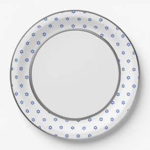 Blue Star of David Silver Ring Trim Paper Plates