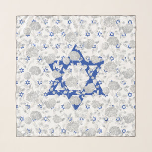Blue Star of David White Floral Toile Head Scarf
