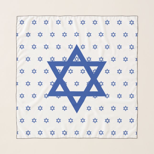 Blue Star of David White Head Scarf (Front)