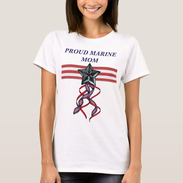 Blue Star Ribbon Proud Marine Mom T-Shirt (Front)
