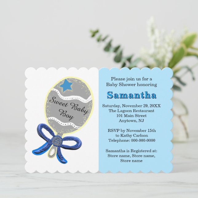 Blue Star Silver Rattle Baby Shower  Invitation (Standing Front)
