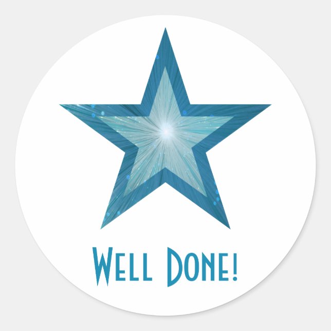 Blue Star 'Well Done!' round sticker white (Front)