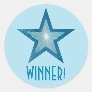 Blue Star 'WINNER!' round sticker pale blue
