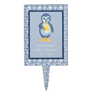 Blue Star Winter Penguin Baby Shower Cake Topper