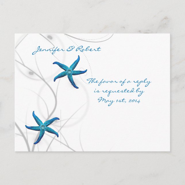Blue Starfish and Silver Coral RSVP Postcard (Front)
