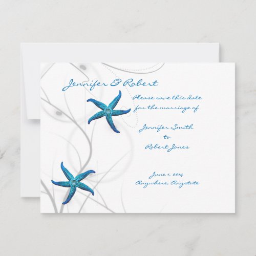 Blue Starfish and Silver Coral Save the Date Card